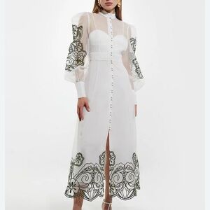 Karen Millen White and Green Embellished Gown with Bishop Sleeves